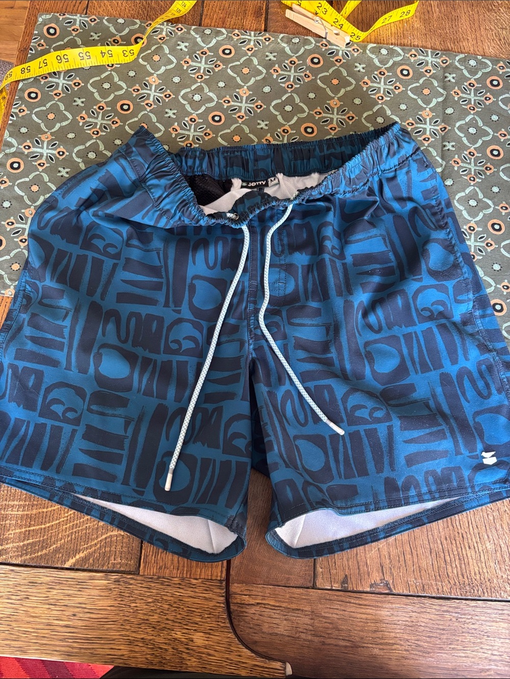 Men's Dark Blue Geometric Swim Trunks with Drawstring